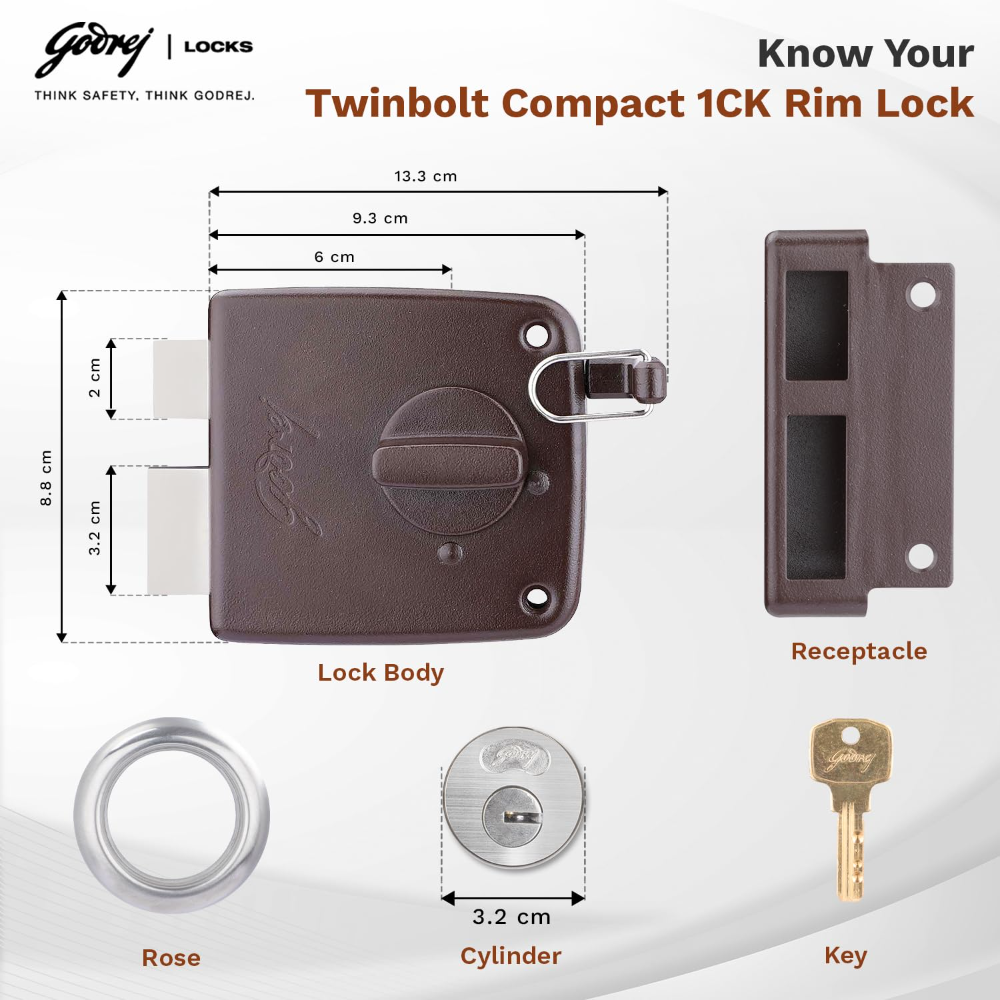 Godrej Rim Lock I Twin Bolt  | Compact 1Ck Latch Bolt I for Inside Opening Wooden Doors I Left Right Handed Doors | Home Main Door I 3 Keys  I Textured Brown Finish I 5 Year Warranty